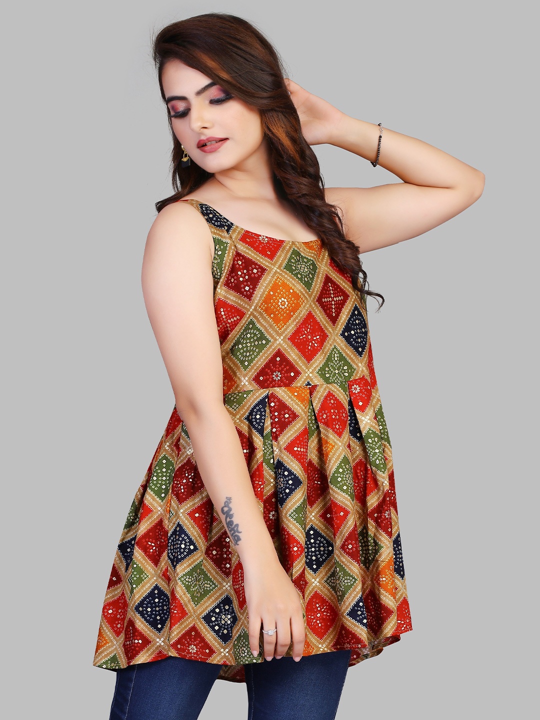 

Fashion FRICKS Geometric Print Cinched Waist Longline Top, Multi