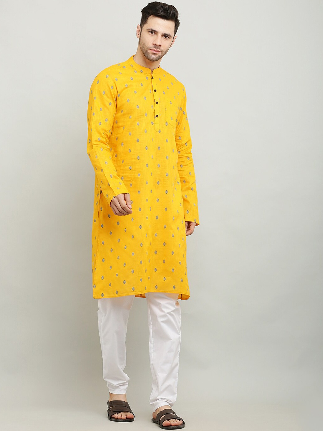 

Waahiba Men Mustard Yellow Floral Printed Pure Cotton Kurta with Pyjamas