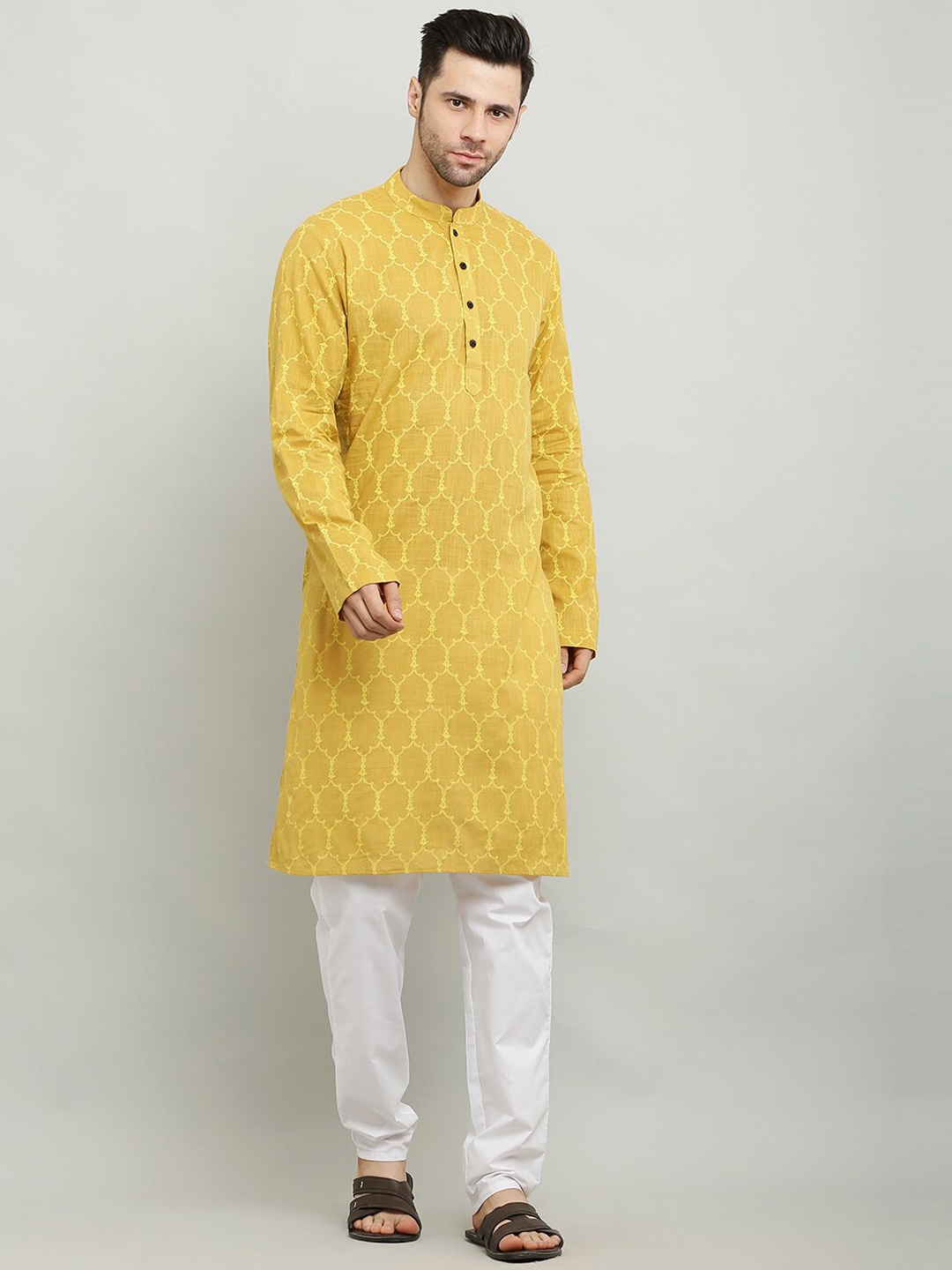 

Waahiba Men Mustard Yellow Printed Kurta with Pyjamas
