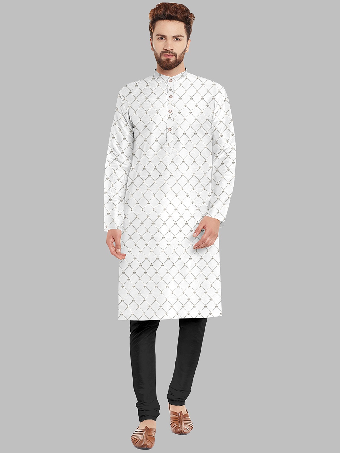 

Fashion FRICKS Men White Ethnic Motifs Printed Kurta with Pyjamas