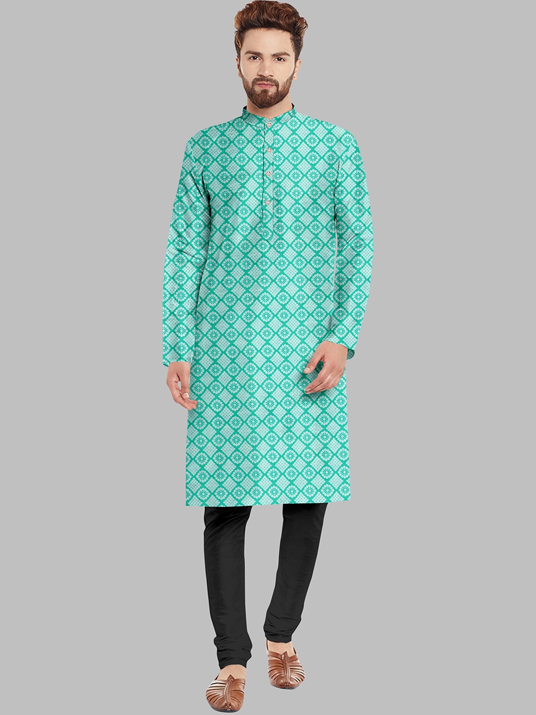 

Fashion FRICKS Men Sea Green Ethnic Motifs Printed Kurta with Pyjamas