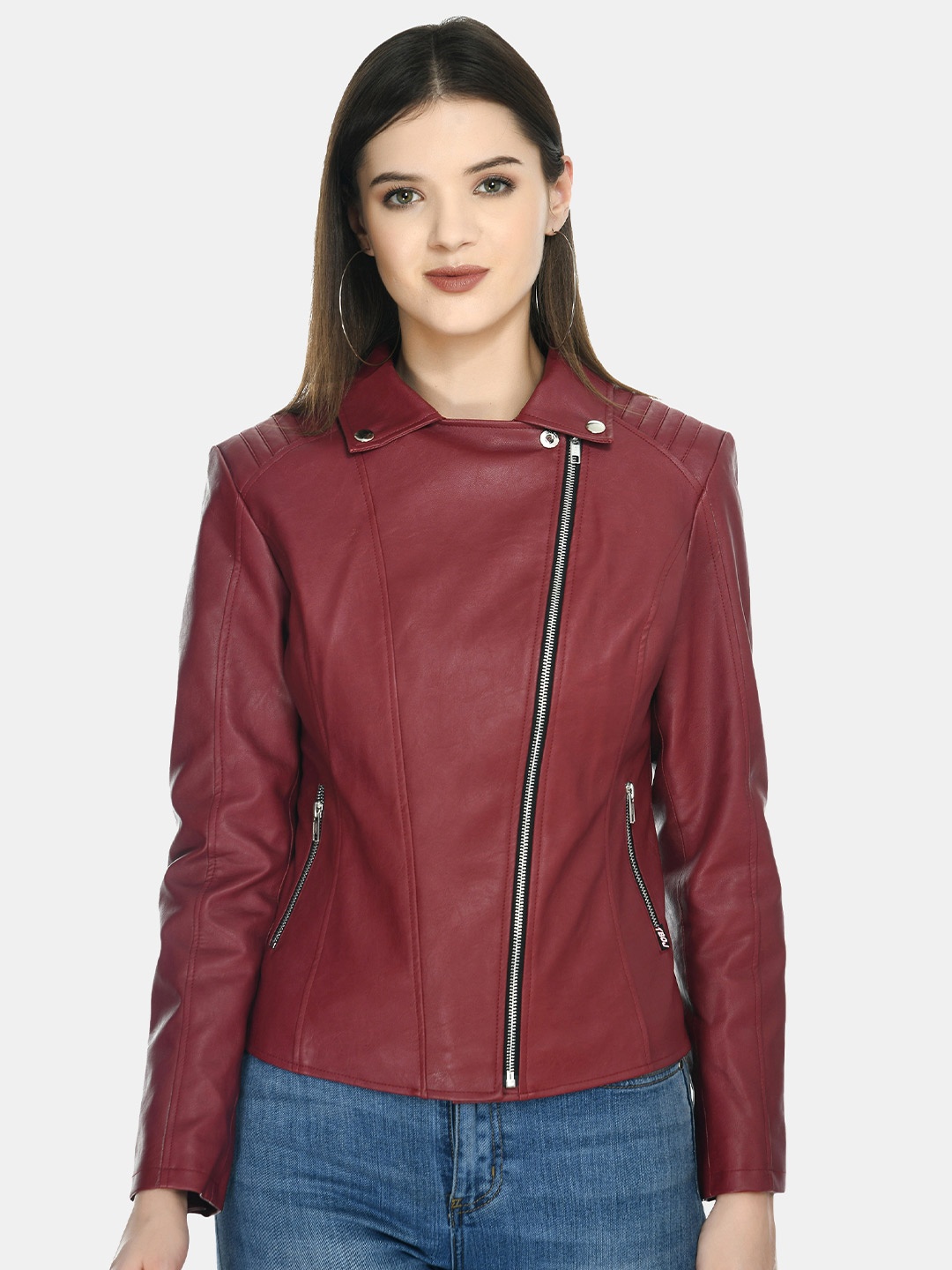 

TBOJ Women Lightweight Leather Jacket, Maroon
