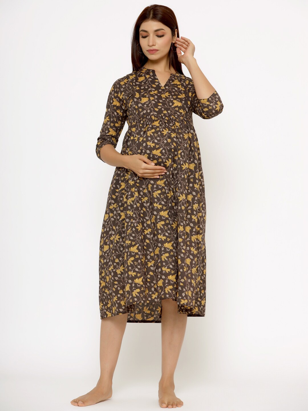 

CRAFIQA Floral Printed Maternity & Nursing Cotton A-Line Midi Dress, Brown