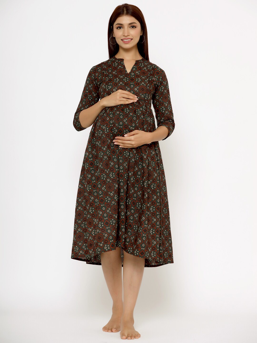 

CRAFIQA Floral Printed Maternity & Nursing Cotton A-Line Midi Dress, Green