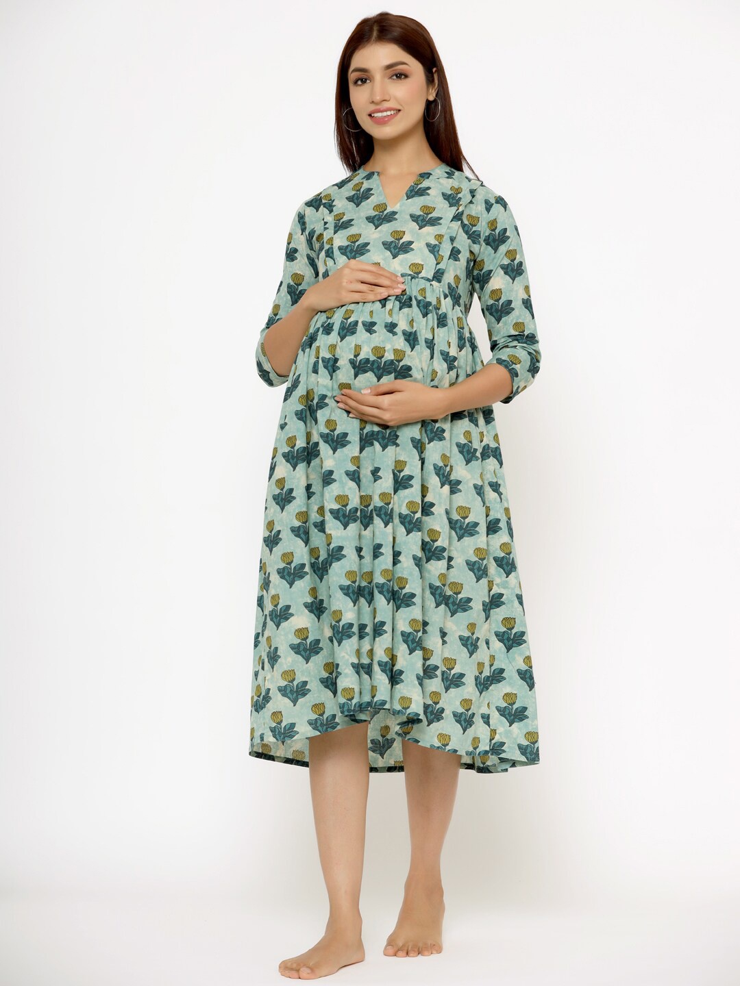 

CRAFIQA Floral Printed Maternity & Nursing Cotton A-Line Midi Dress, Green