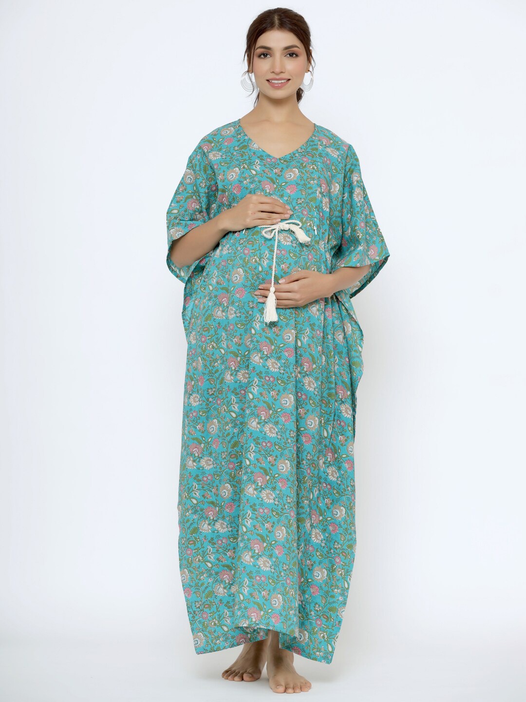 

CRAFIQA Floral Printed Pure Cotton Maternity Maxi Nightdress, Turquoise blue