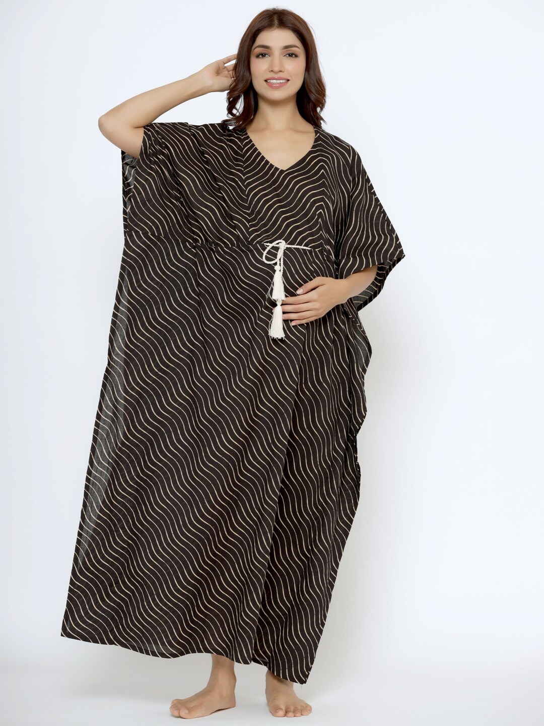 

CRAFIQA Black Striped Printed Pure Cotton Maternity Maxi Kaftan Nightdress