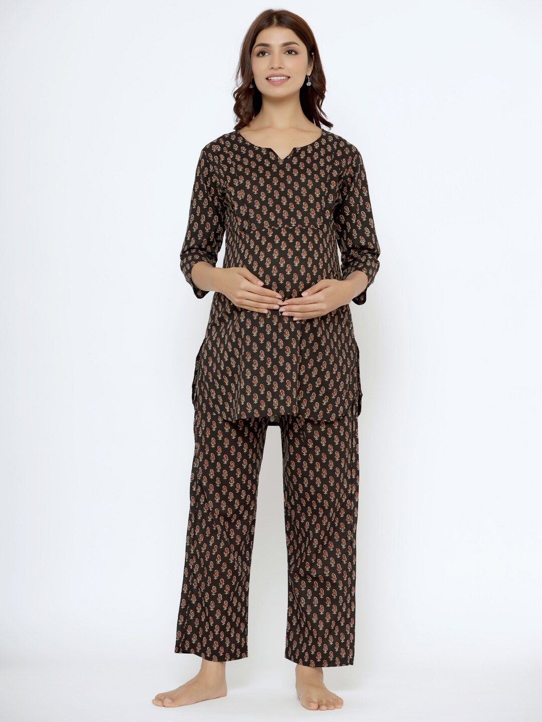

CRAFIQA Women Printed Pure Cotton Maternity & Nursing Night suit, Black