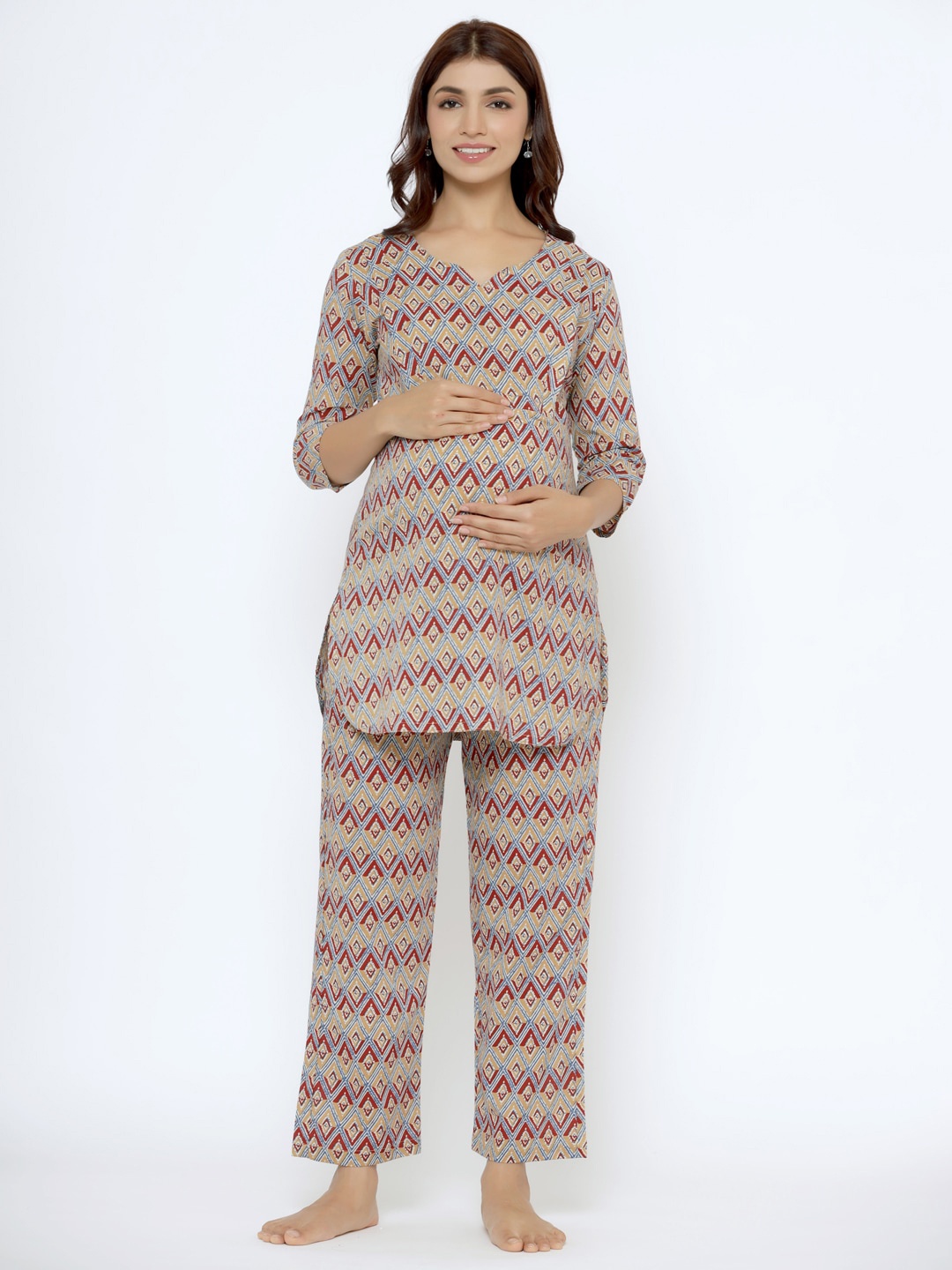 

CRAFIQA Women Geometric Printed Pure Cotton Maternity Night suit, Beige