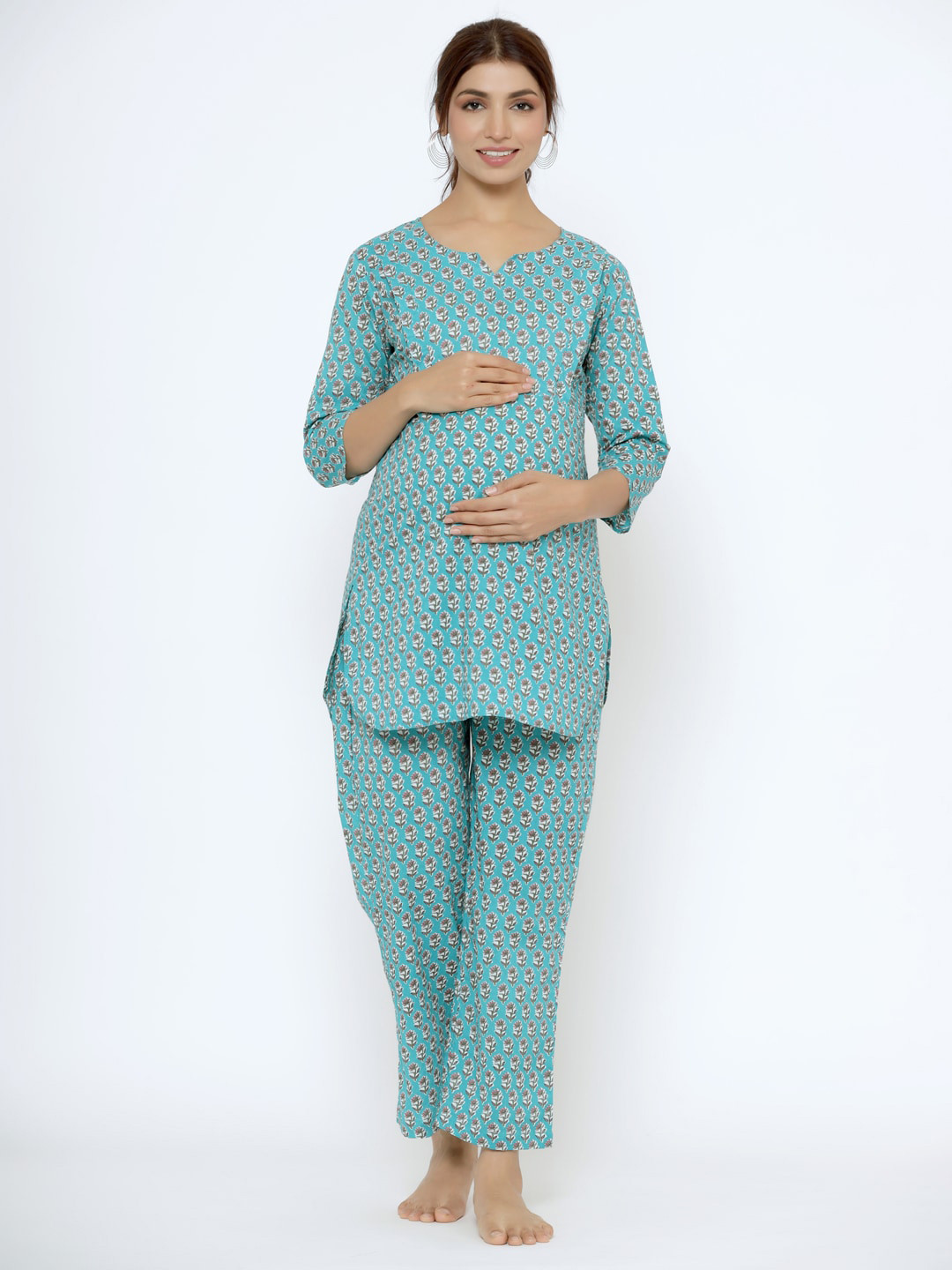 

CRAFIQA Women Floral Printed Pure Cotton Night suit, Turquoise blue