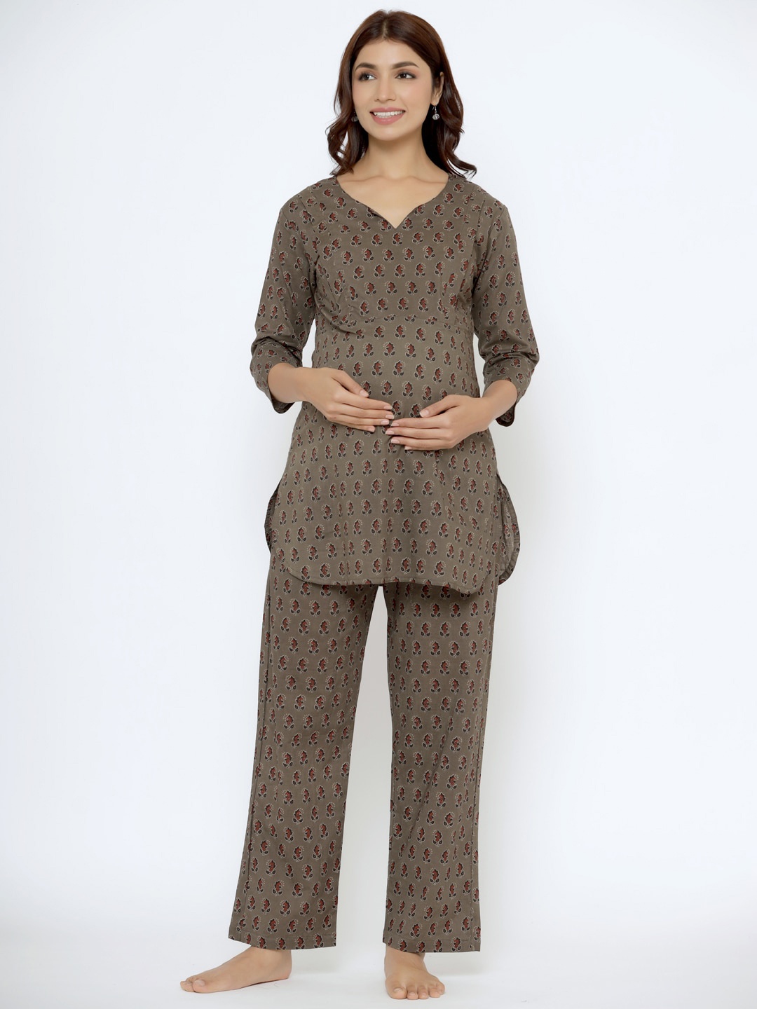 

CRAFIQA Women Printed Pure Cotton Maternity & Nursing Night suit, Grey