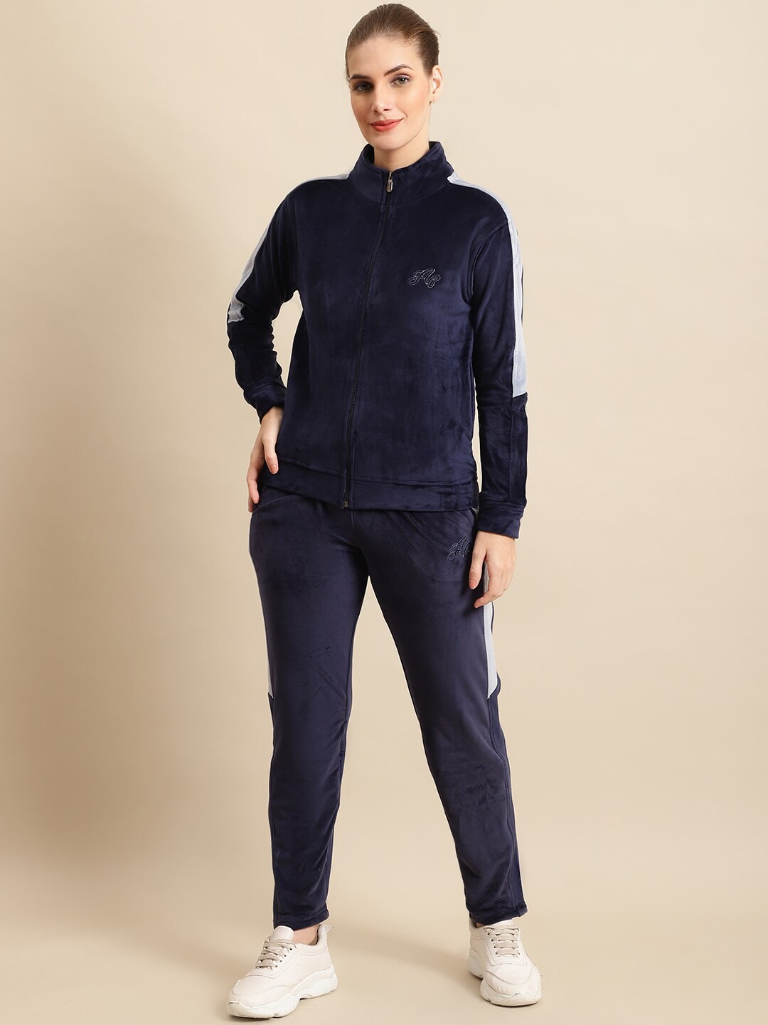 

ANTI CULTURE Women Color Blocked Velvet Tracksuit, Navy blue