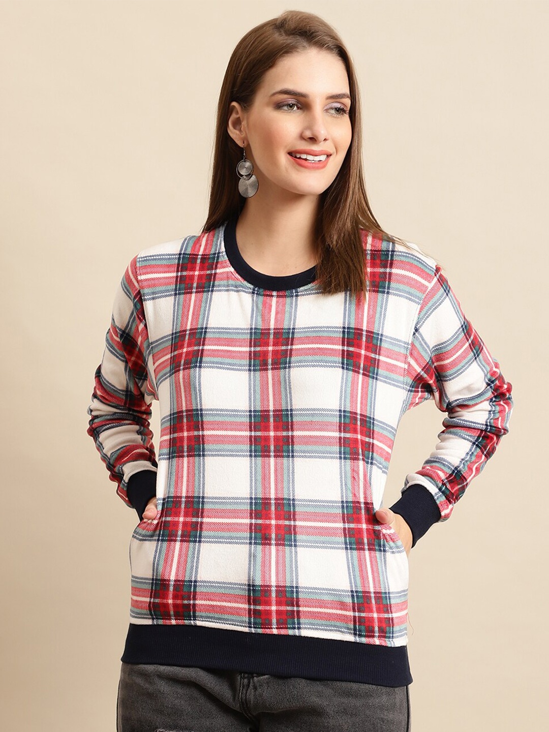 

ANTI CULTURE Women Cotton Checked Sweatshirt, White