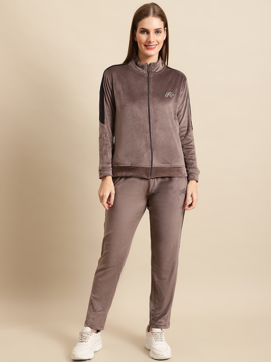 

ANTI CULTURE Women Colourblocked Velvet Tracksuits, Brown