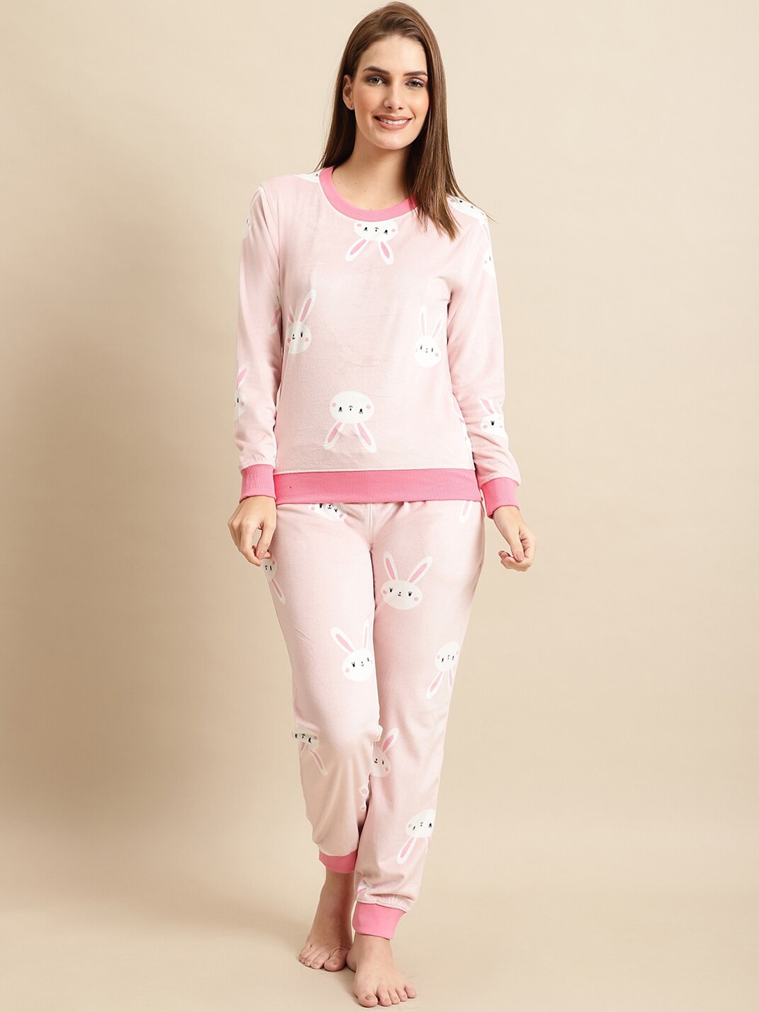 

ANTI CULTURE Women Bunny Printed Velvet Tracksuits, Pink