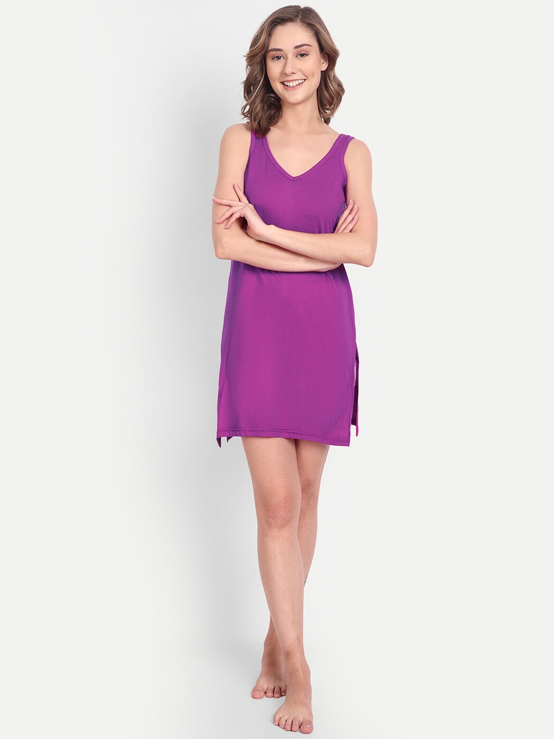 

BLAZON Pure Cotton V-neck Short Slip, Violet