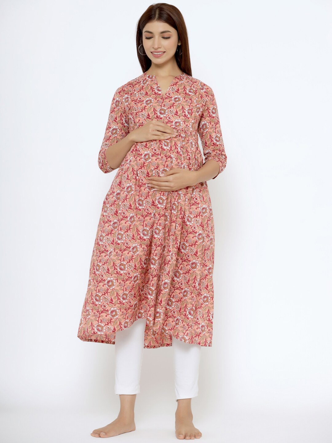 

CRAFIQA Ethnic Motifs Printed Maternity & Nursing Cotton Anarkali Kurta, Peach