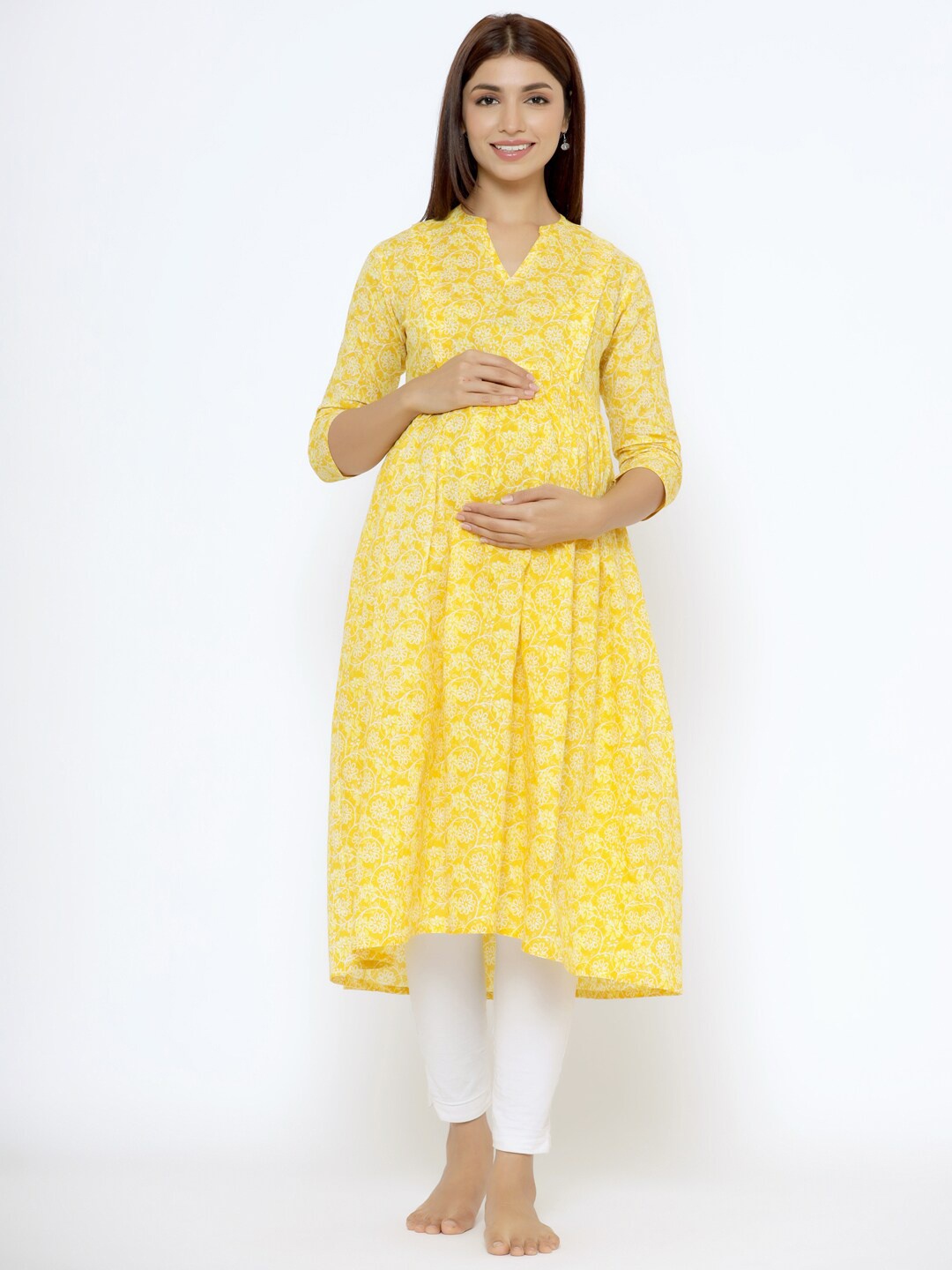 

CRAFIQA Floral Printed Floral Maternity & Nursing Cotton Kurta, Yellow