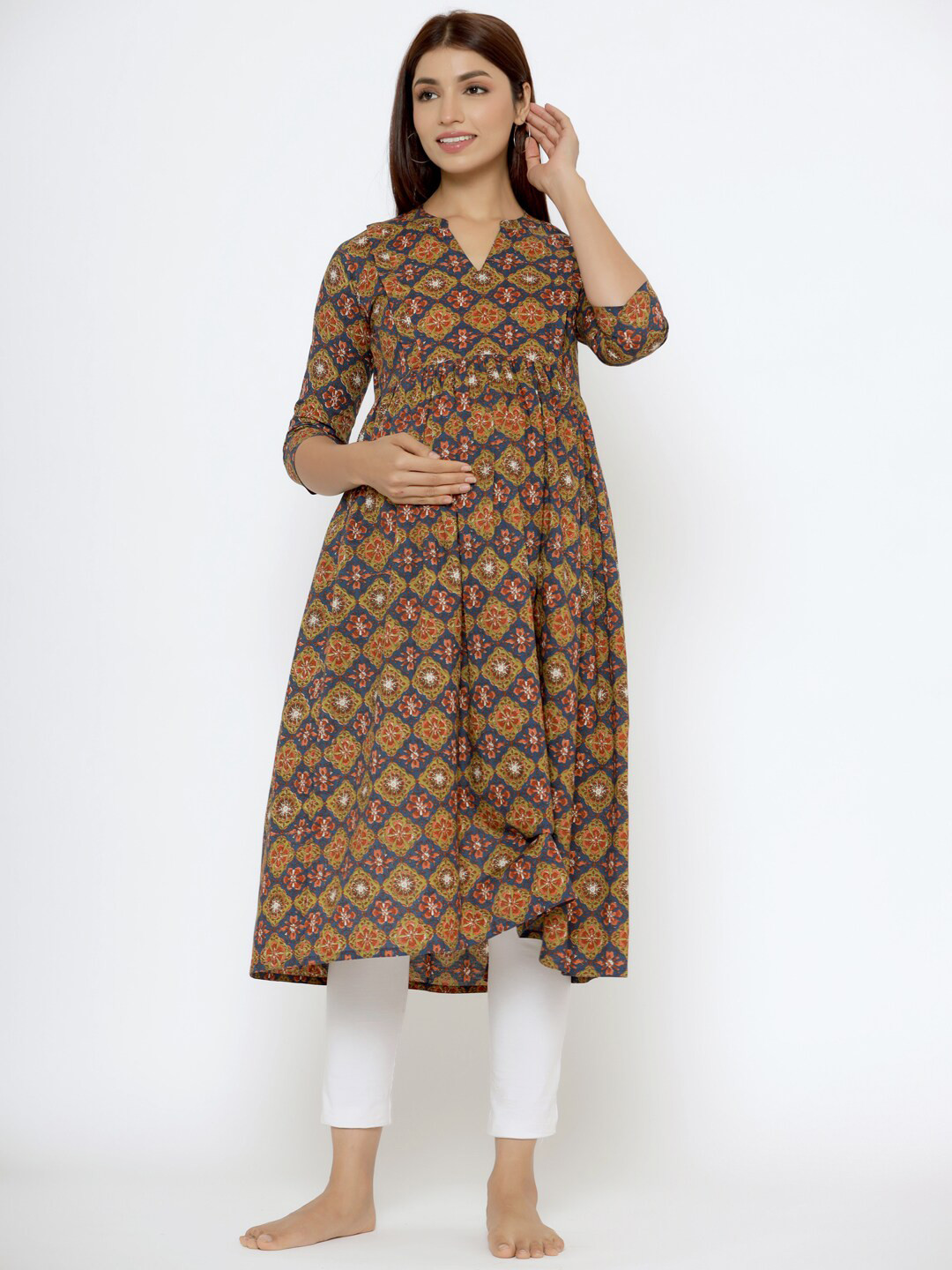 

CRAFIQA Floral Printed Floral Maternity & Nursing Cotton Kurta, Blue