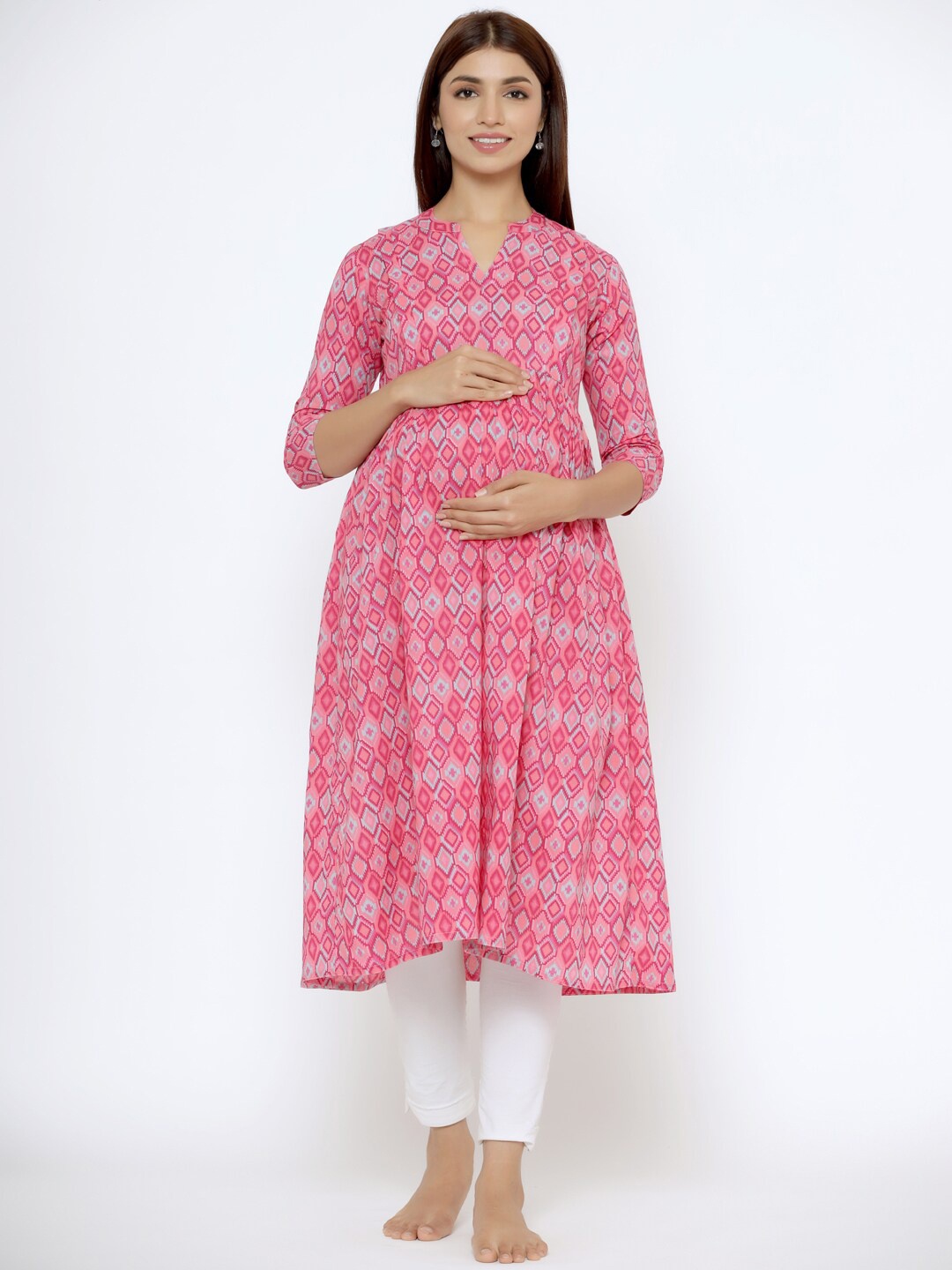 

CRAFIQA Ethnic Motifs Printed Maternity & Nursing Cotton Anarkali Kurta, Pink