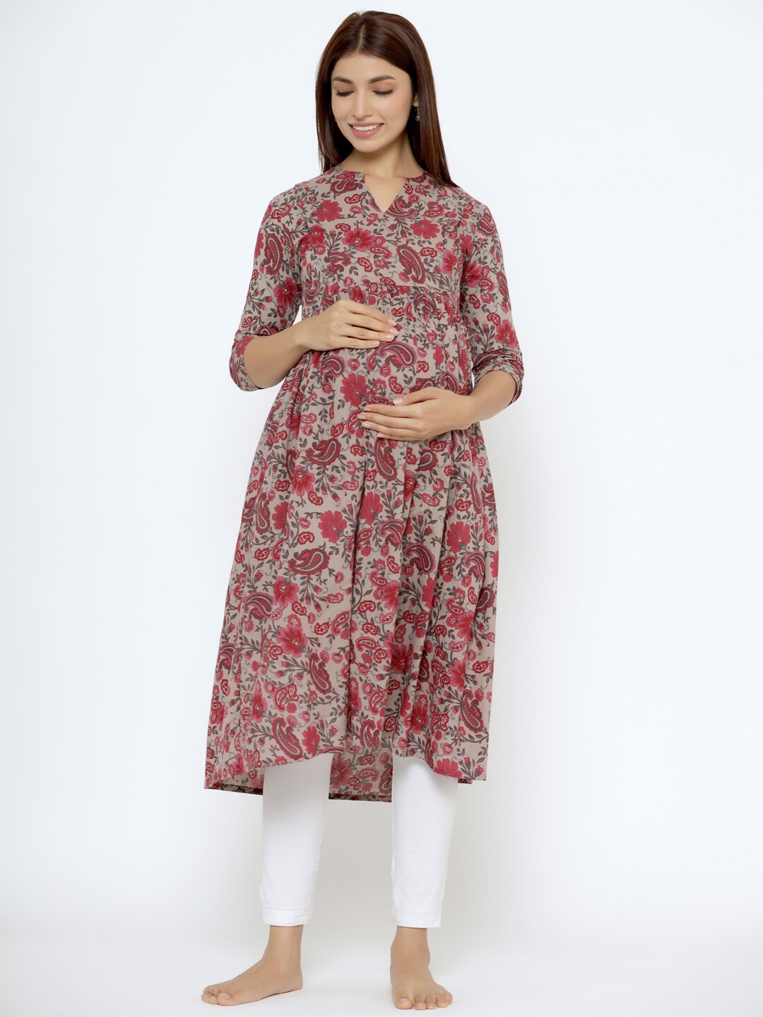 

CRAFIQA Ethnic Motifs Printed Maternity & Nursing Cotton Anarkali Kurta, Grey