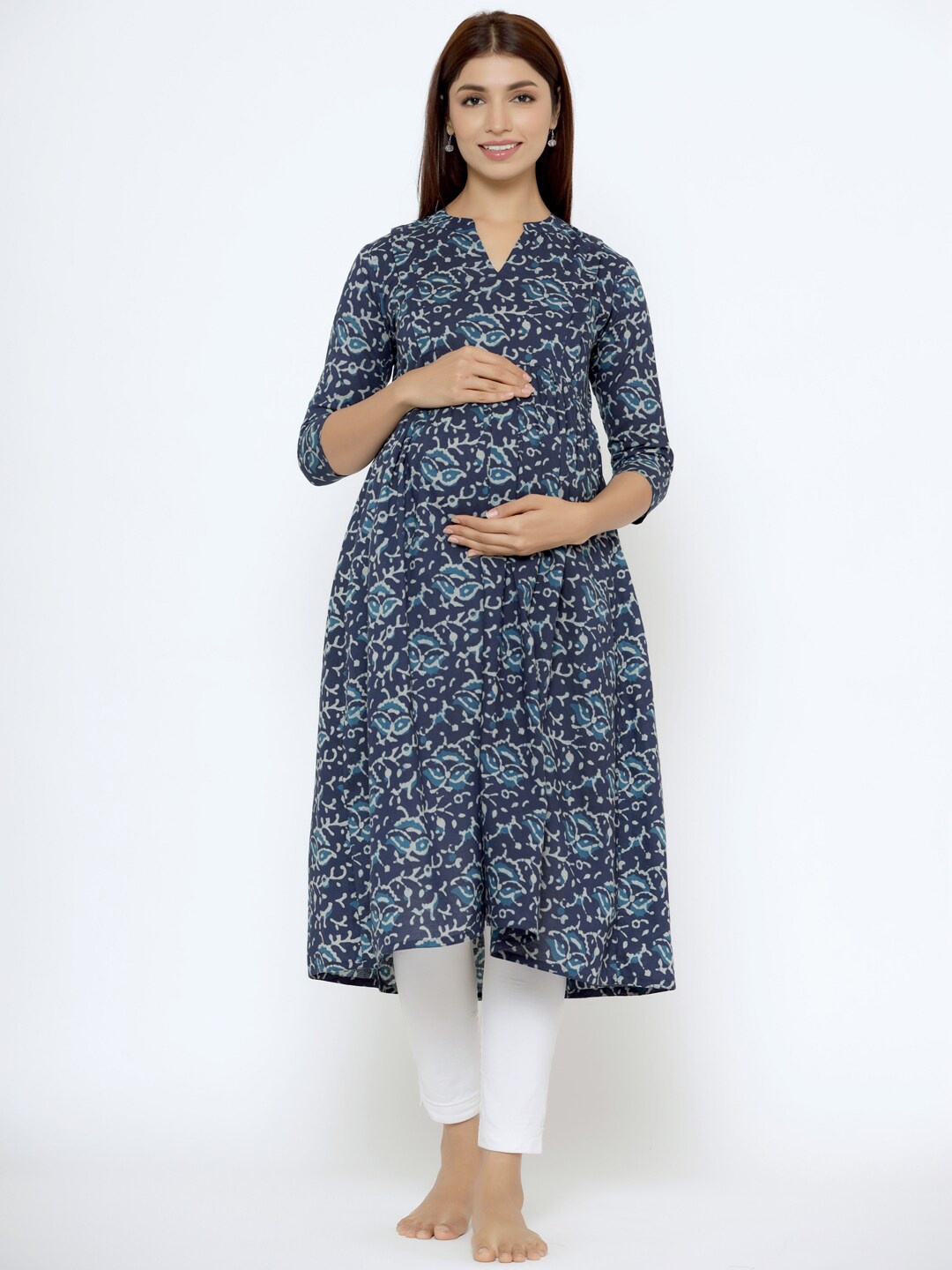 

CRAFIQA Floral Printed Maternity & Nursing Cotton Anarkali Kurta, Blue