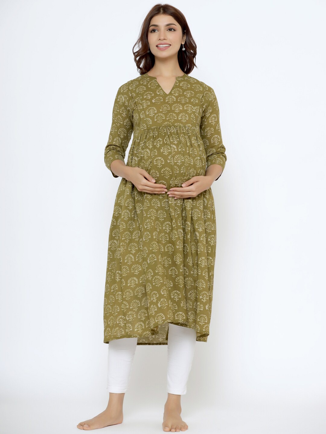 

CRAFIQA Floral Printed Floral Maternity & Nursing Cotton Kurta, Green