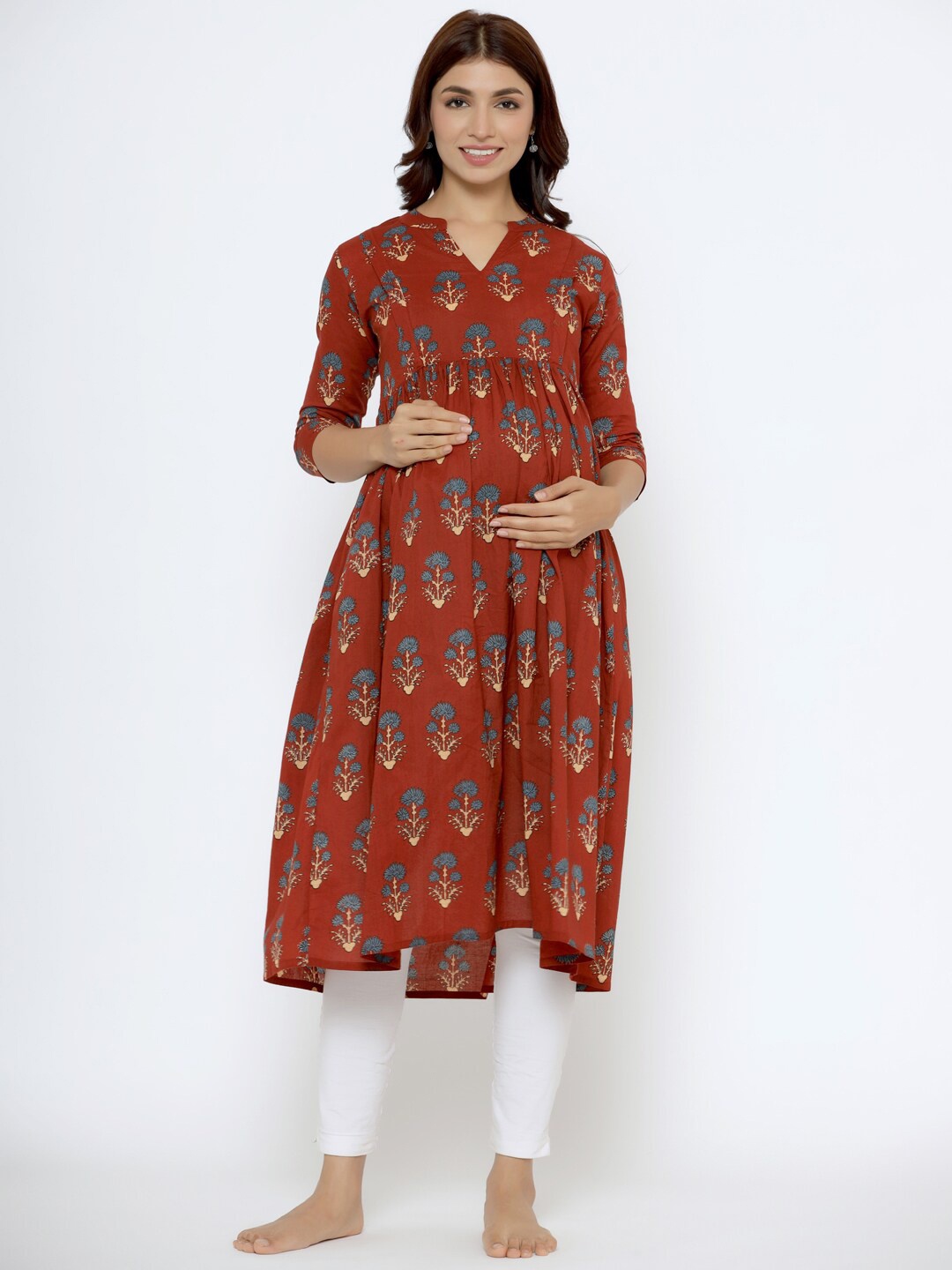 

CRAFIQA Ethnic Motifs Printed Maternity & Nursing Cotton Anarkali Kurta, Maroon