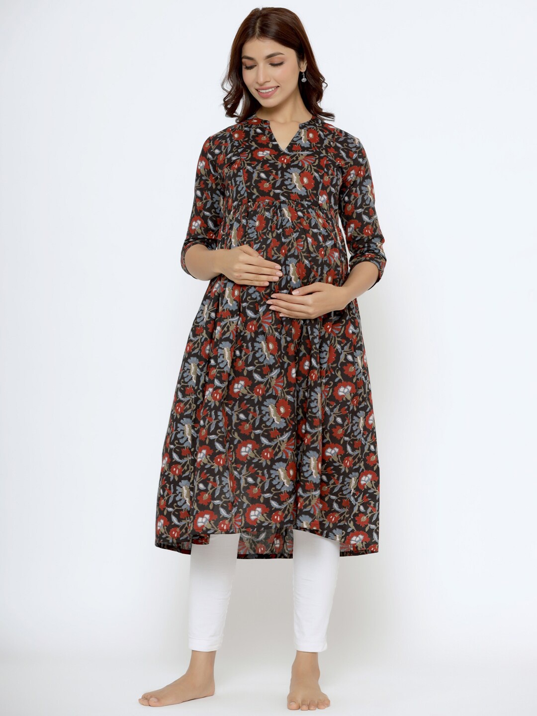 

CRAFIQA Floral Printed Floral Maternity & Nursing Cotton Kurta, Black