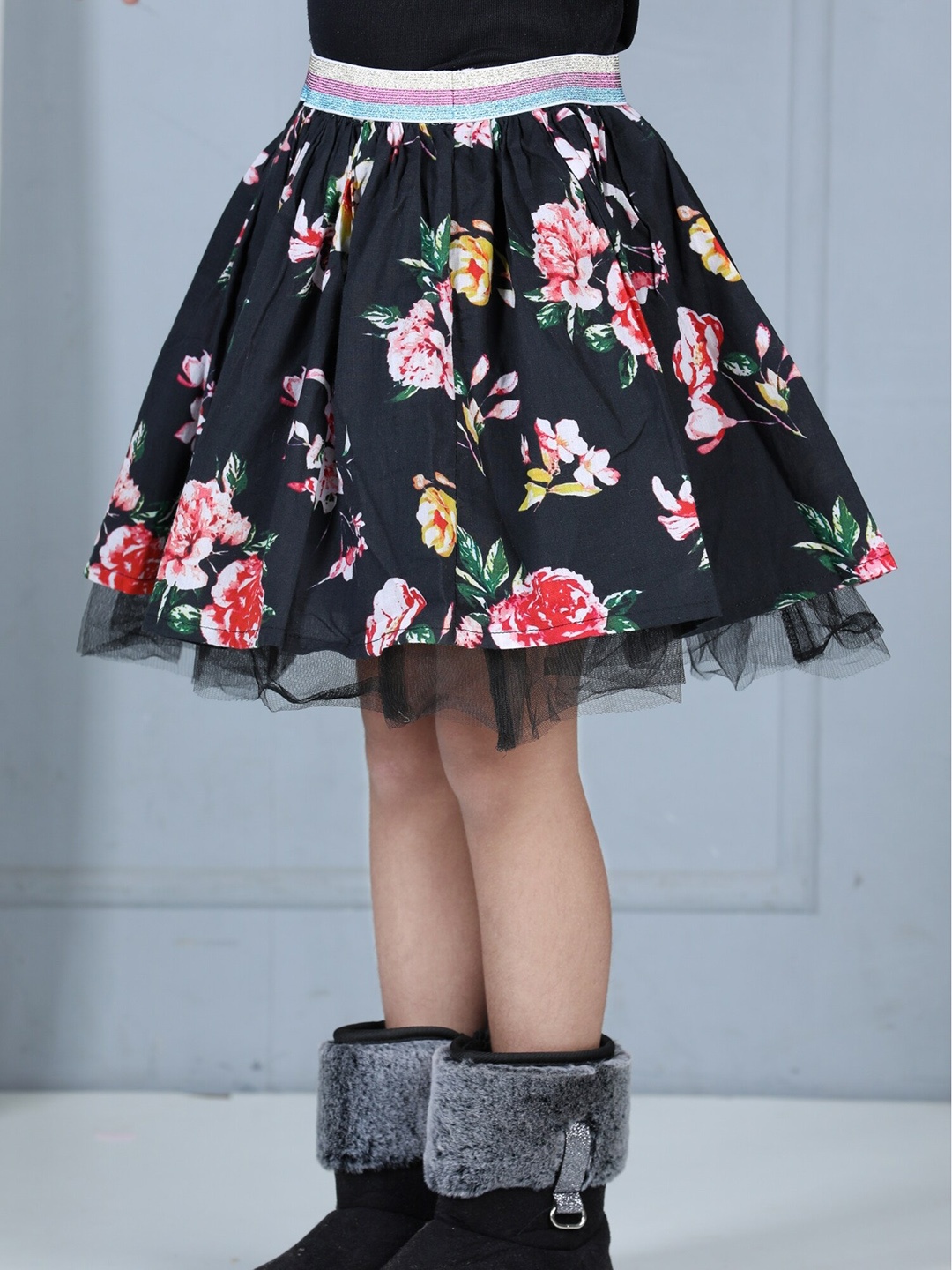 

Dress My Angel Girls Floral Printed Pure Cotton Knee Length Flared Skirts, Black