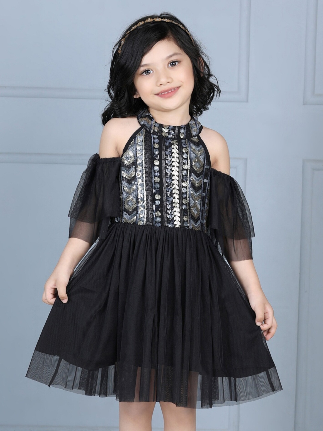 

Dress My Angel Sequinned Embellished Net Fit & Flare Dress, Black