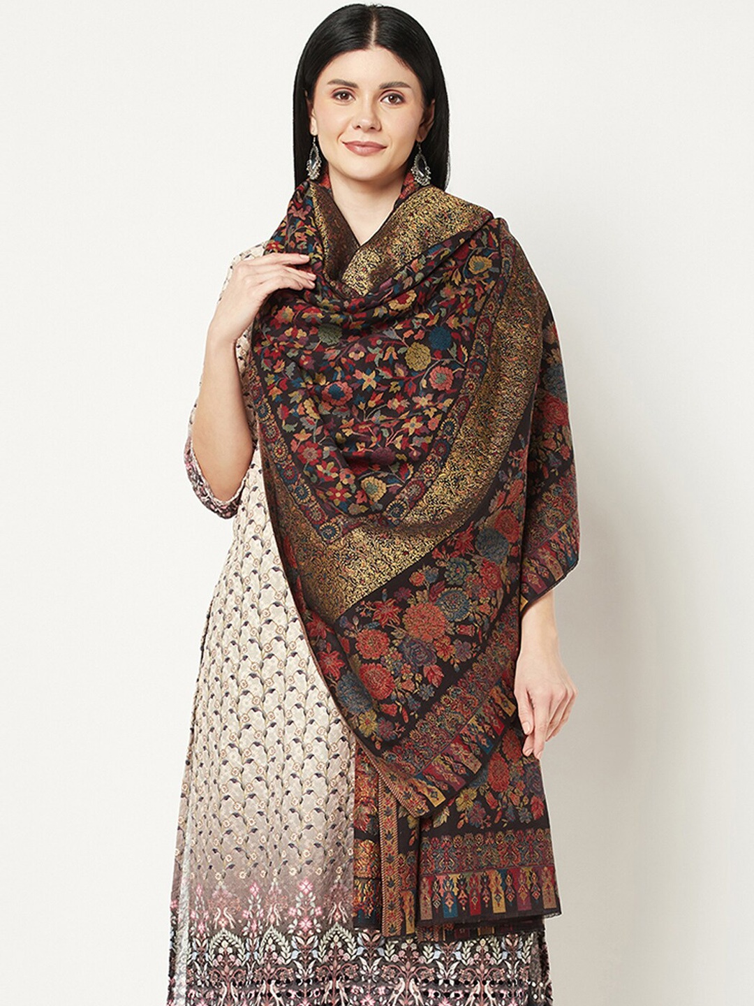 

La Vastraa Women Woven-Design Pure Woolen Shawl, Black