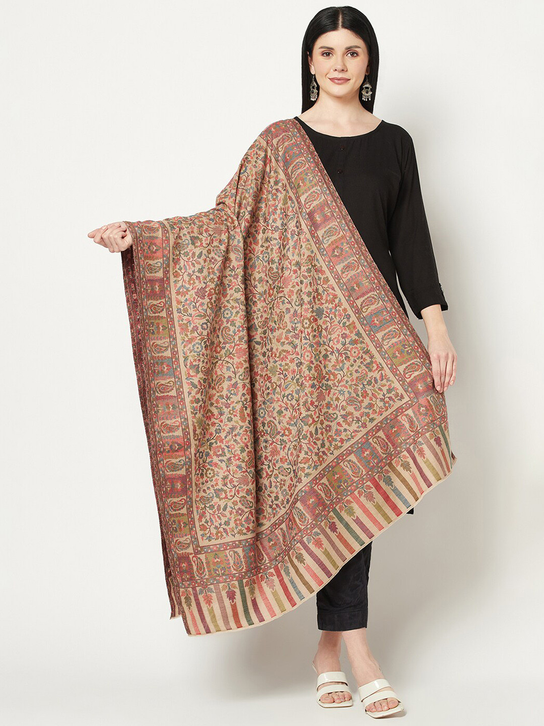 

La Vastraa Women Floral Woven-Design Pure Woolen Kani Shawl, Beige