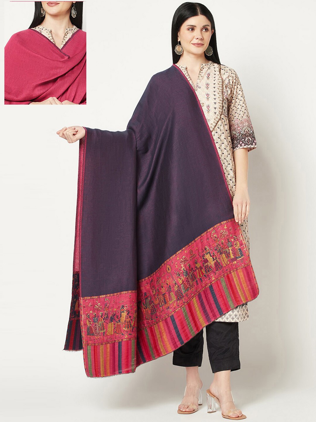 

La Vastraa Women Woven-Design Reversible Pure Wool Shawl, Pink