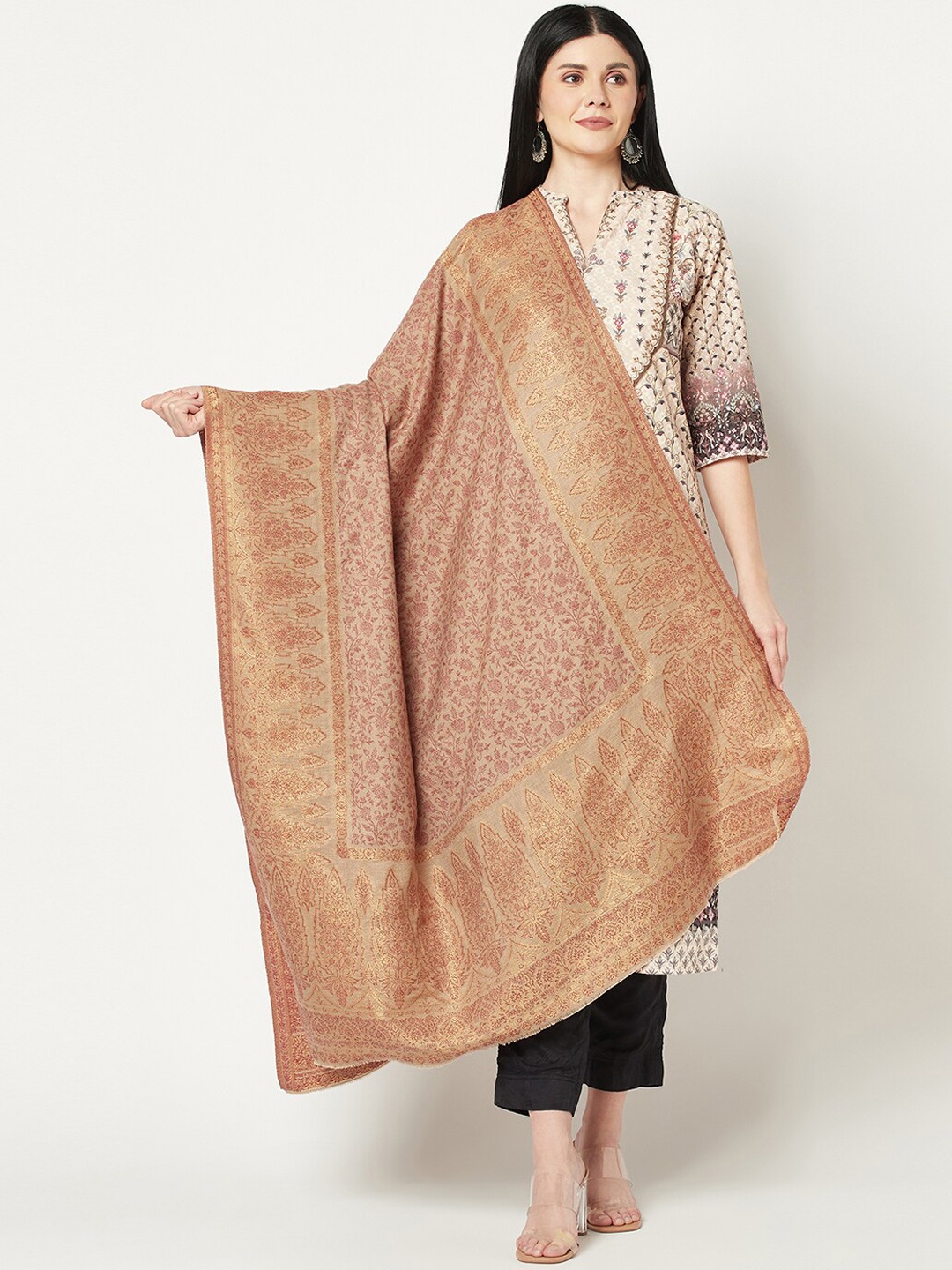 

La Vastraa Woven Design Pure Woolen Shawl, Beige