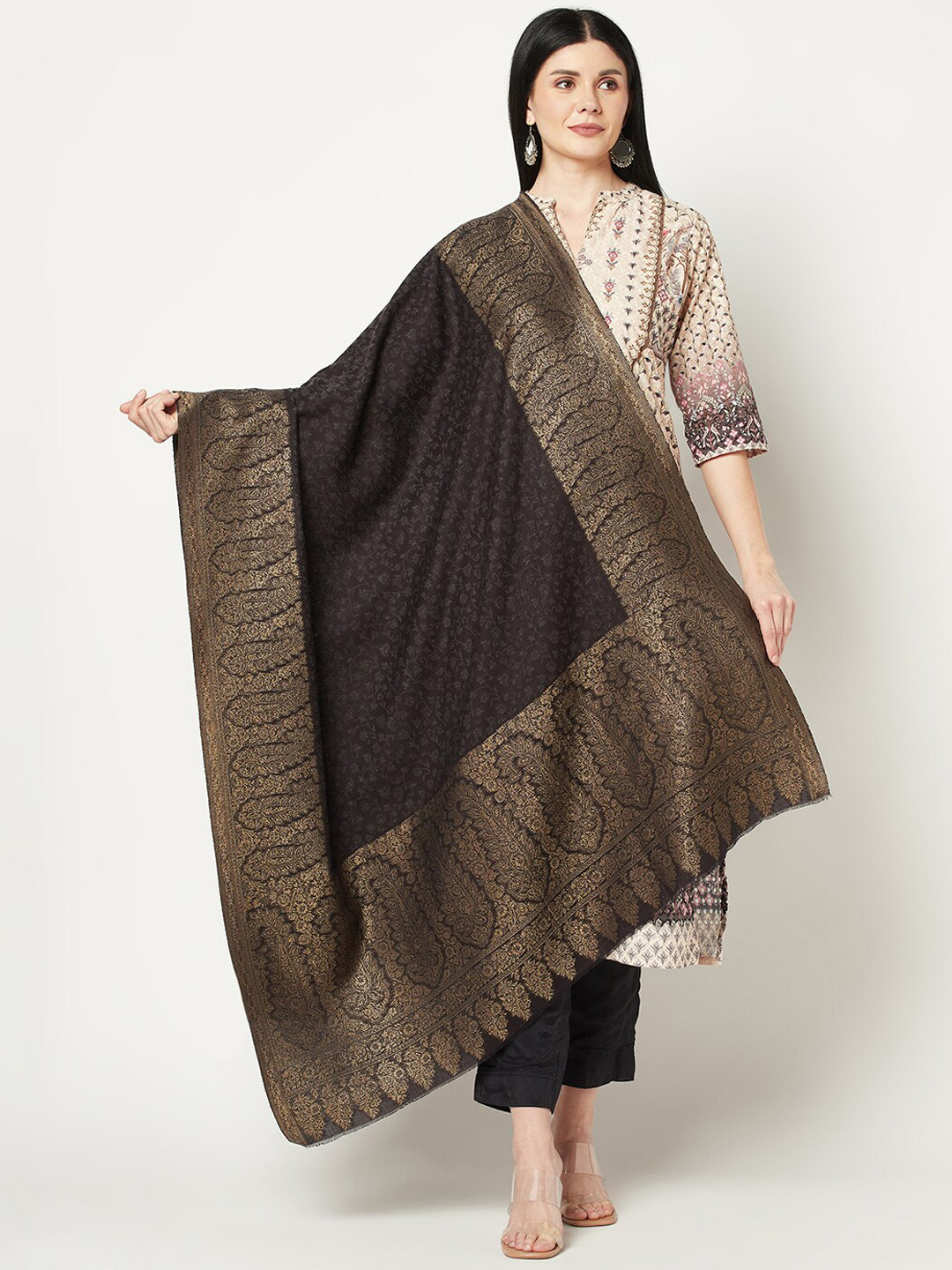 

La Vastraa Women Woven Design Woolen Shawl, Black