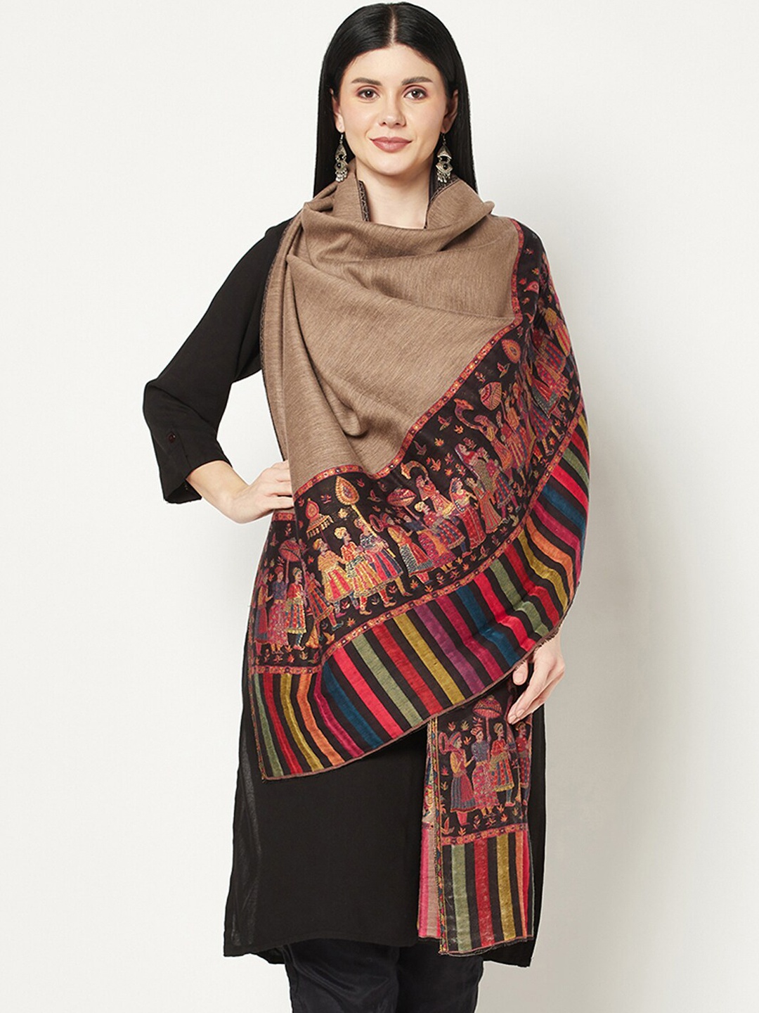 

La Vastraa Women Woven-Design Reversible Pure Woolen Shawl, Beige