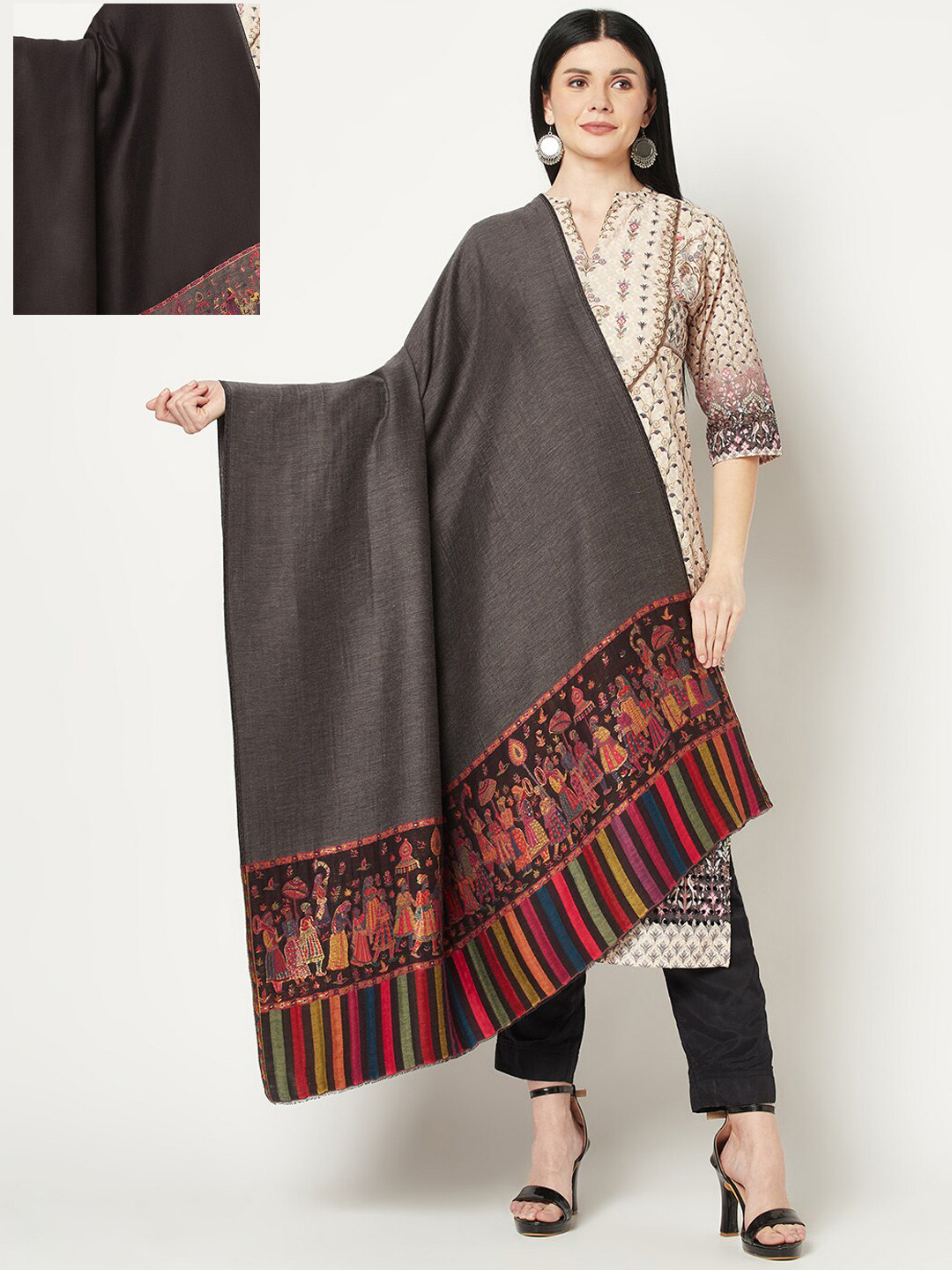 

La Vastraa Women Woven-Design Reversible Pure Wool Shawl, Black