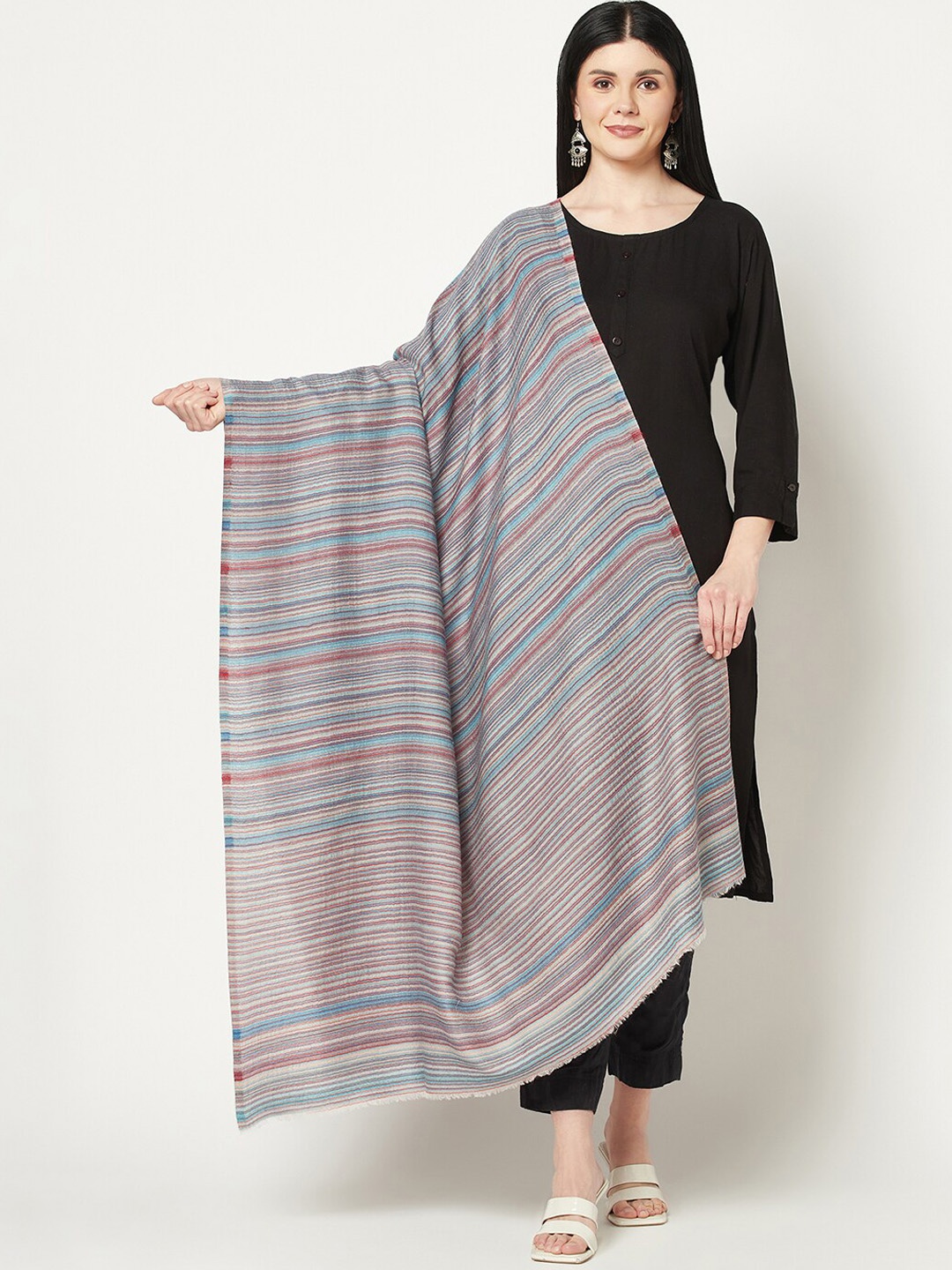 

La Vastraa Stiped Woven Design Pure Wool Shawl, Grey