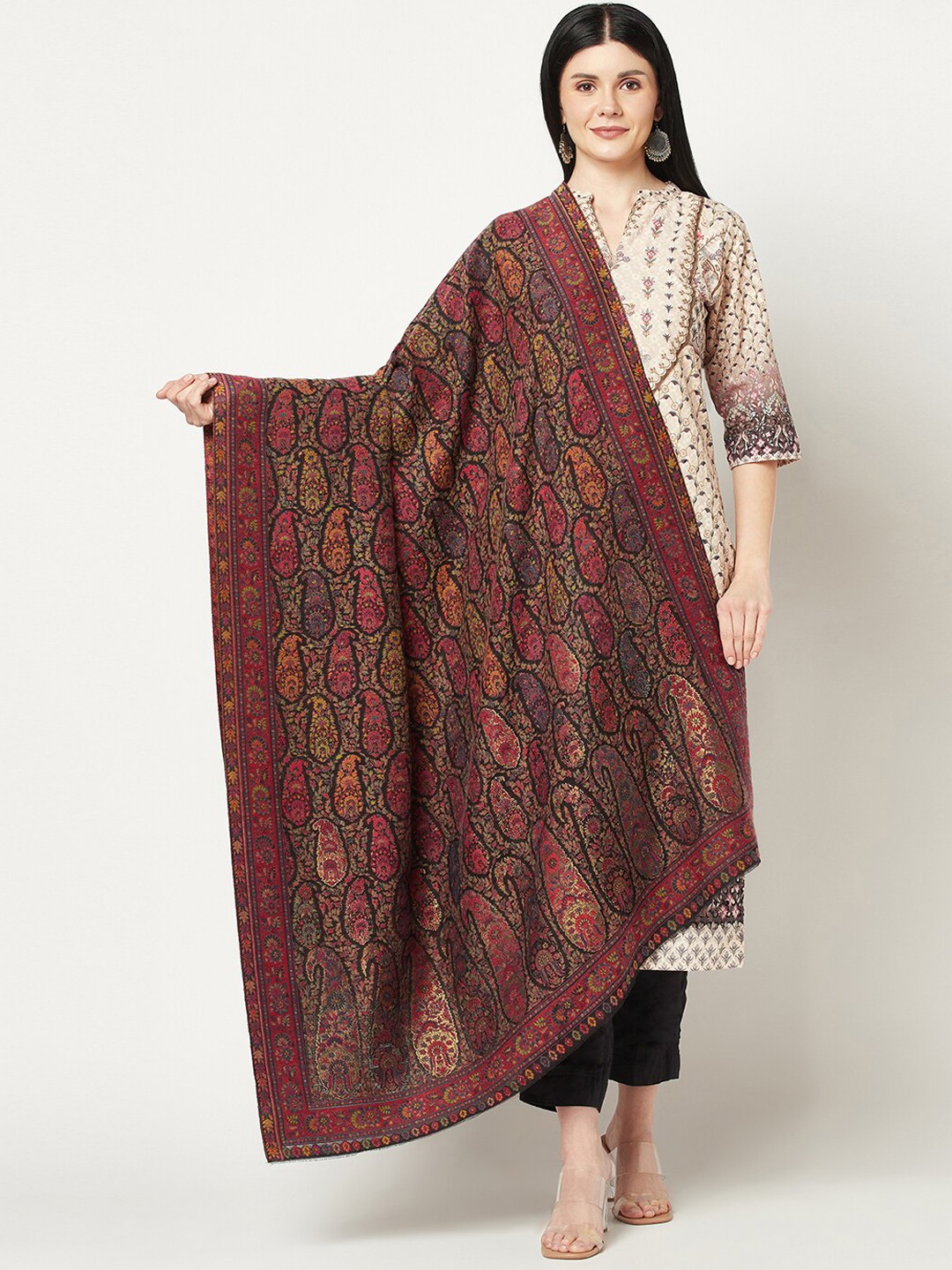 

La Vastraa Women Kani Zari Woven Design Shawl, Black