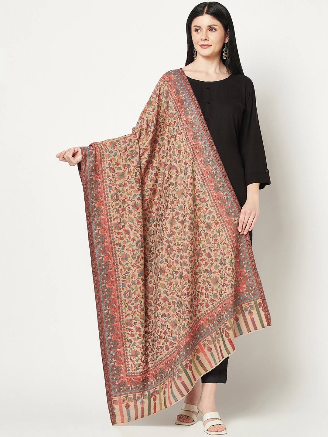 

La Vastraa Women Floral Woven-Design Pure Woolen Shawl, Beige