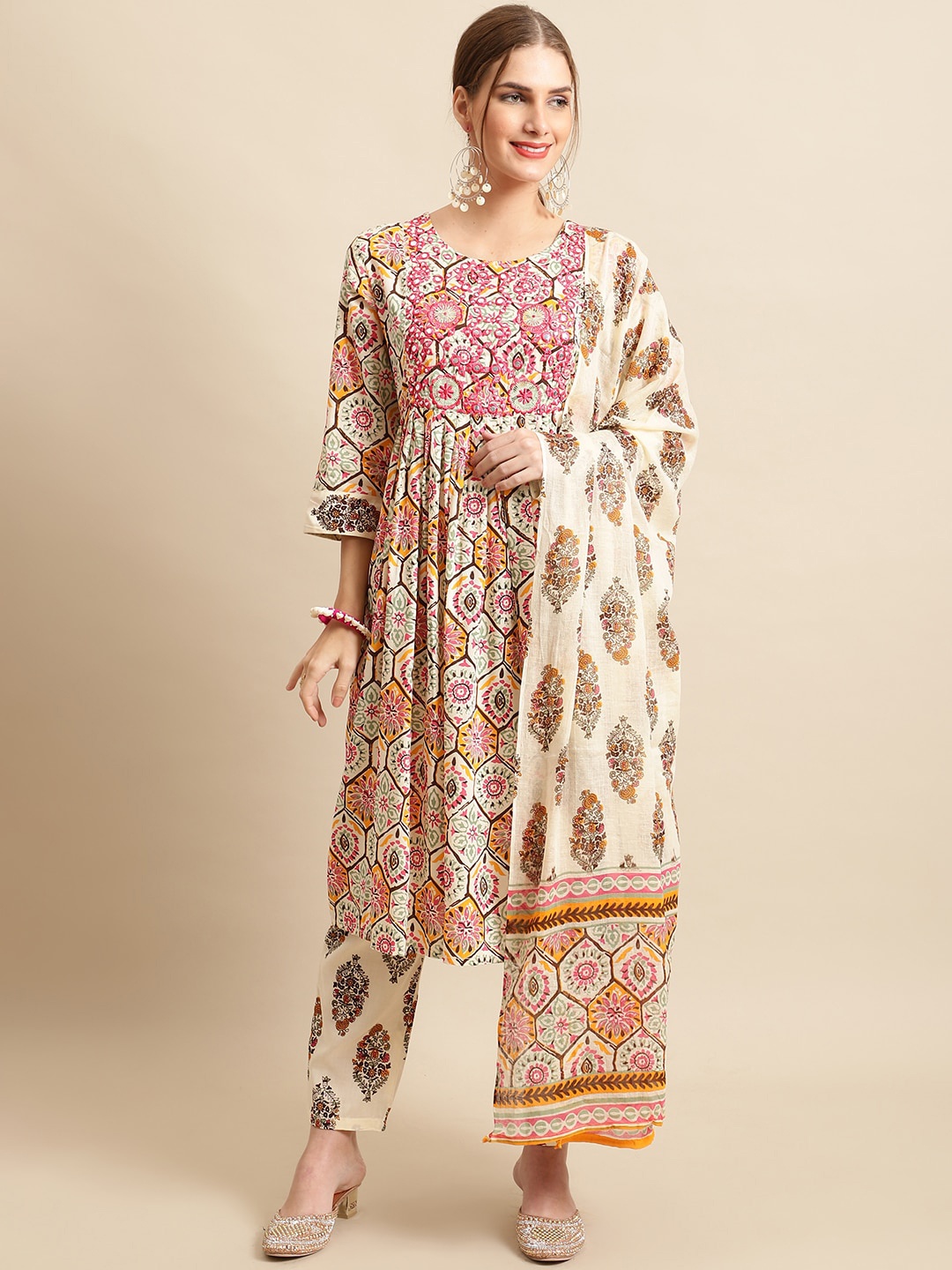 

Sangria Women Printed & Mirror Work Embellished Anarkali Kurta Sets, White