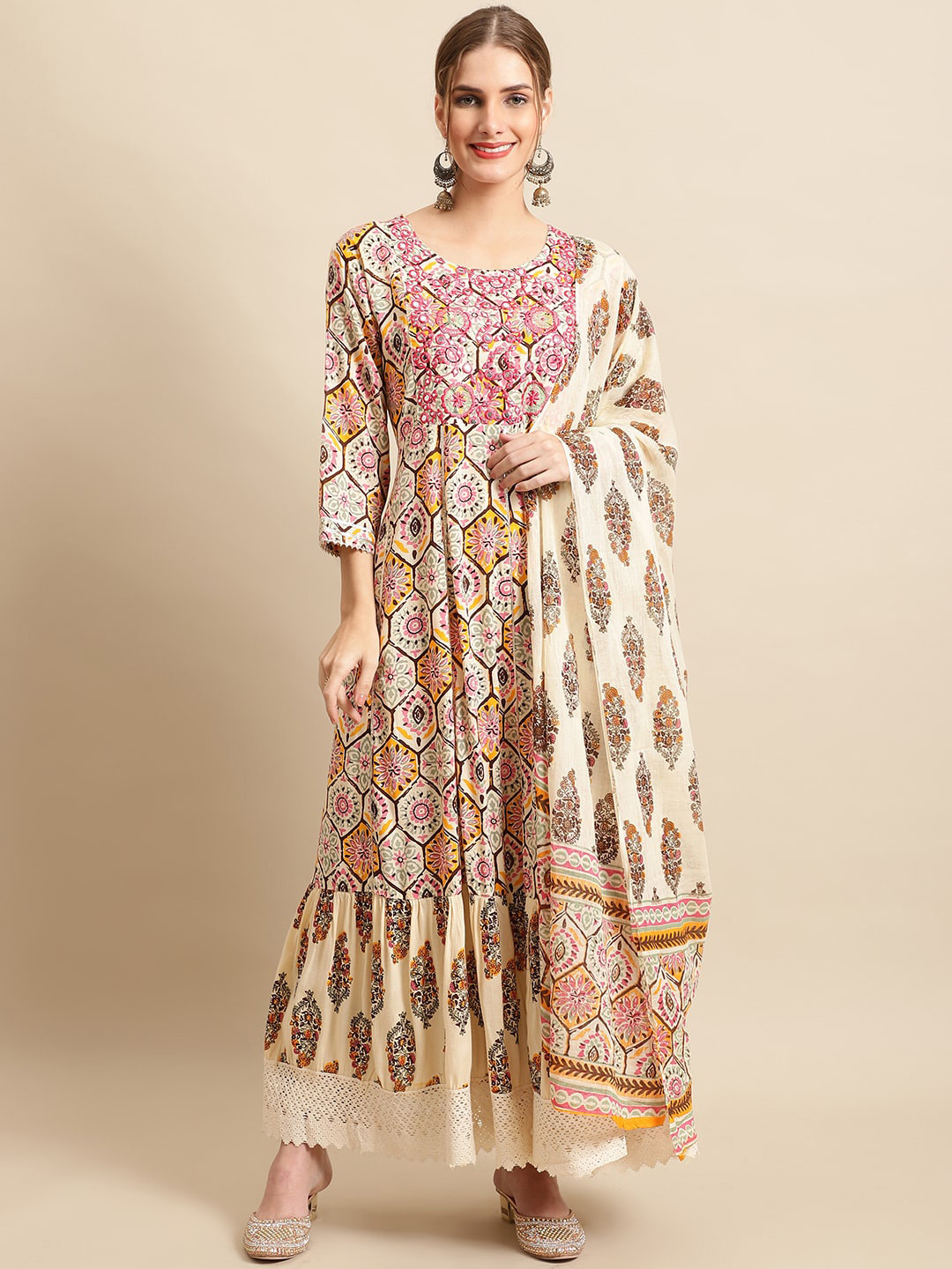 

Sangria Women Cream-Coloured Ethnic Motifs Embroidered Kurta with Trousers & With Dupatta
