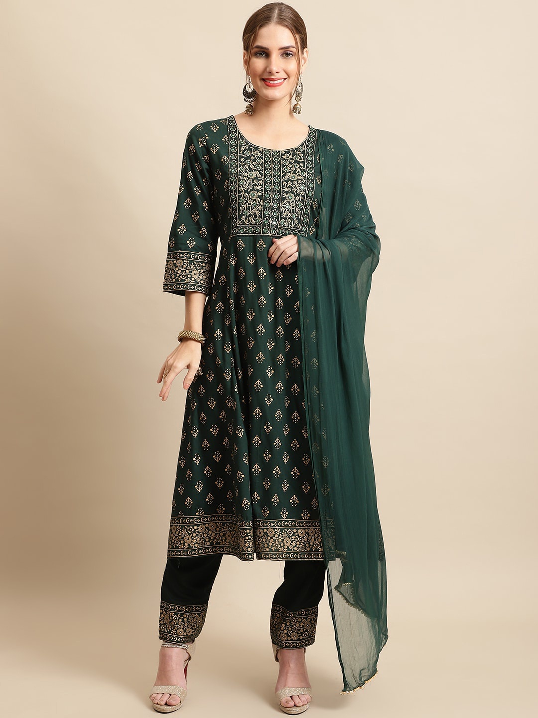 

Sangria Women Green Embroidered Mirror Work Kurta with Trousers & With Dupatta