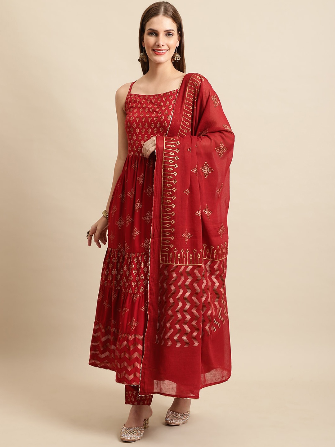 

Sangria Women Maroon Ethnic Motifs Printed Pure Cotton Kurta with Trousers & With Dupatta