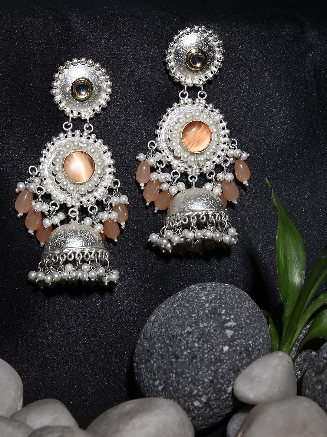 

justpeachy Silver Plated Dome Shaped Jhumkas Earrings, Peach