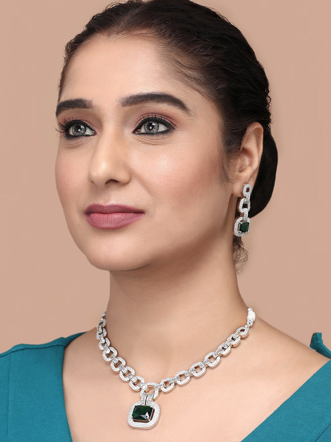 

justpeachy Women Rhodium-Plated American Diamond Stone-Studded Jewellery Set, White