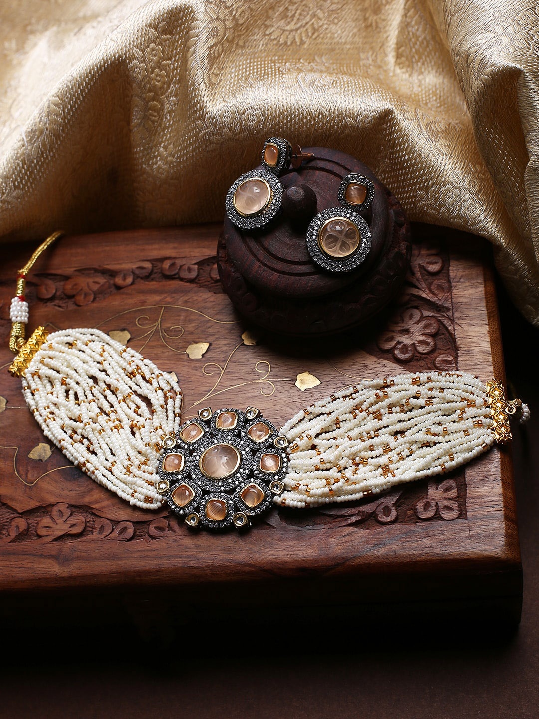 

justpeachy Rhodium-Plated Stones-Studded & Beaded Jewellery Set, Mustard