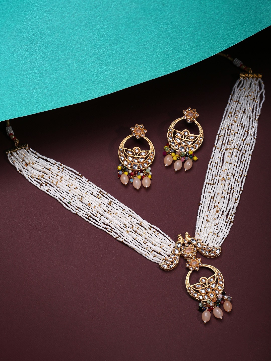 

justpeachy Gold-Plated Stone Studded & Beaded Jewellery Set