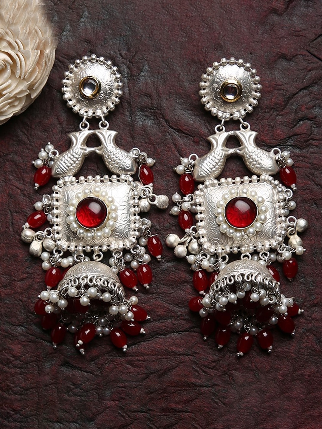 

justpeachy Silver Plated Dome Shaped Jhumkas Earrings, Red